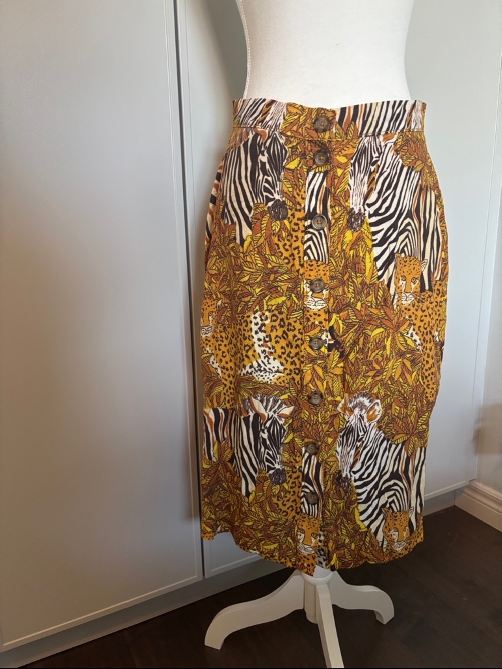 Anthropologie Yellow Animal & Zebra Print Button-Front Midi Skirt